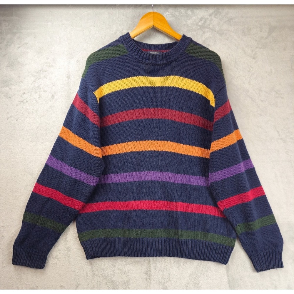 Vintage Dockers Mens Large Cotton Sweater Blue Green Yellow Red Striped 90s Y2K